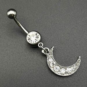 316L Stainless Steel with White Diamond Cubic Zirconia Crescent Moon Belly Ring